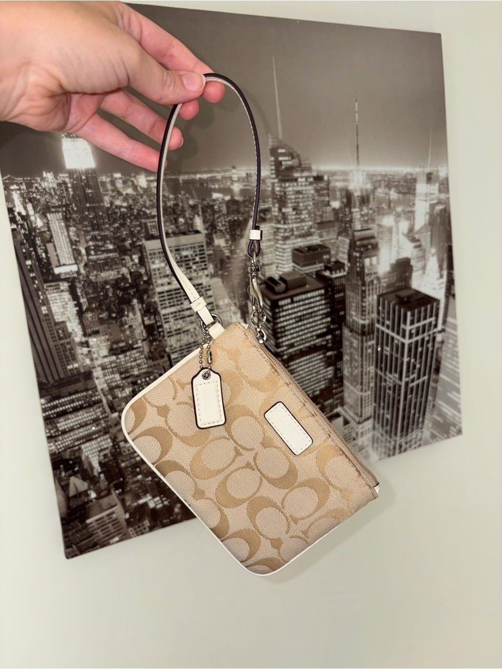 Coach Beige Signature Canvas Wristlet with White Trim